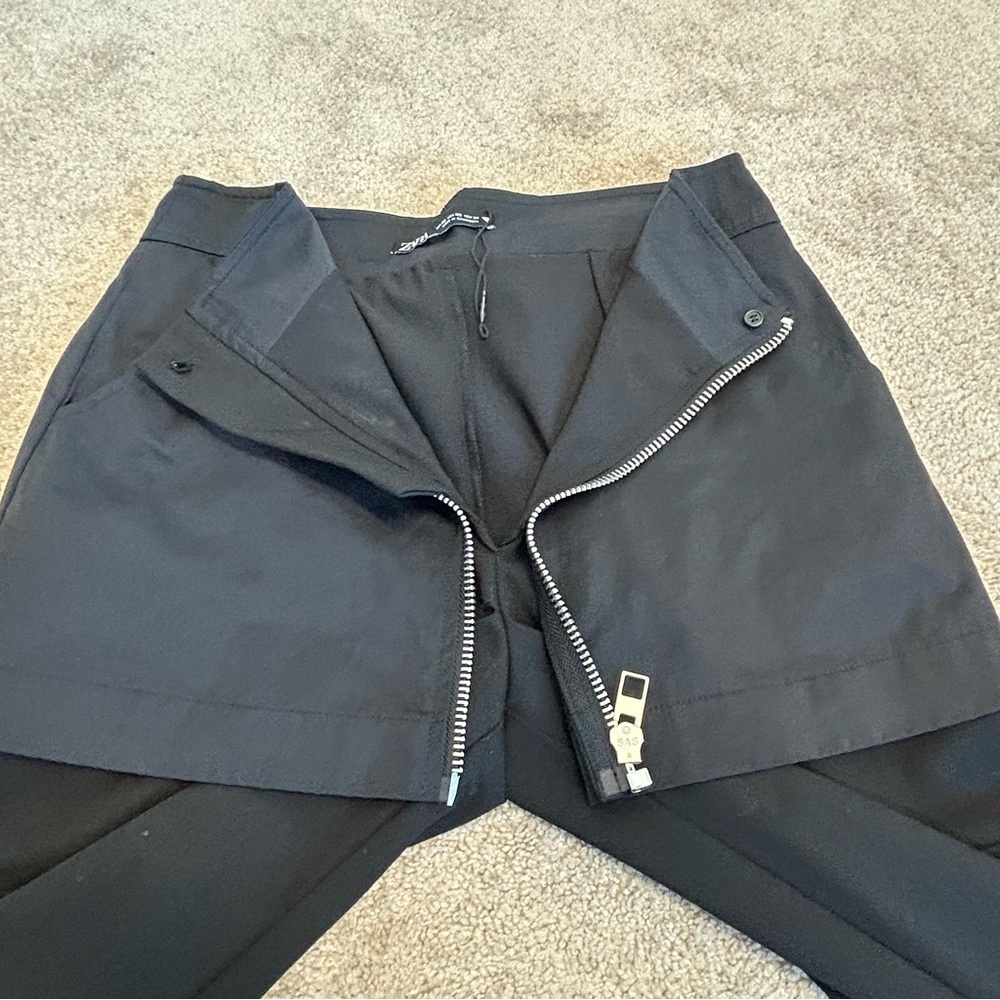 Zara black mini skirt over trouser pants zipper front Sz XS NWOT new without tag - Picture 4 of 11